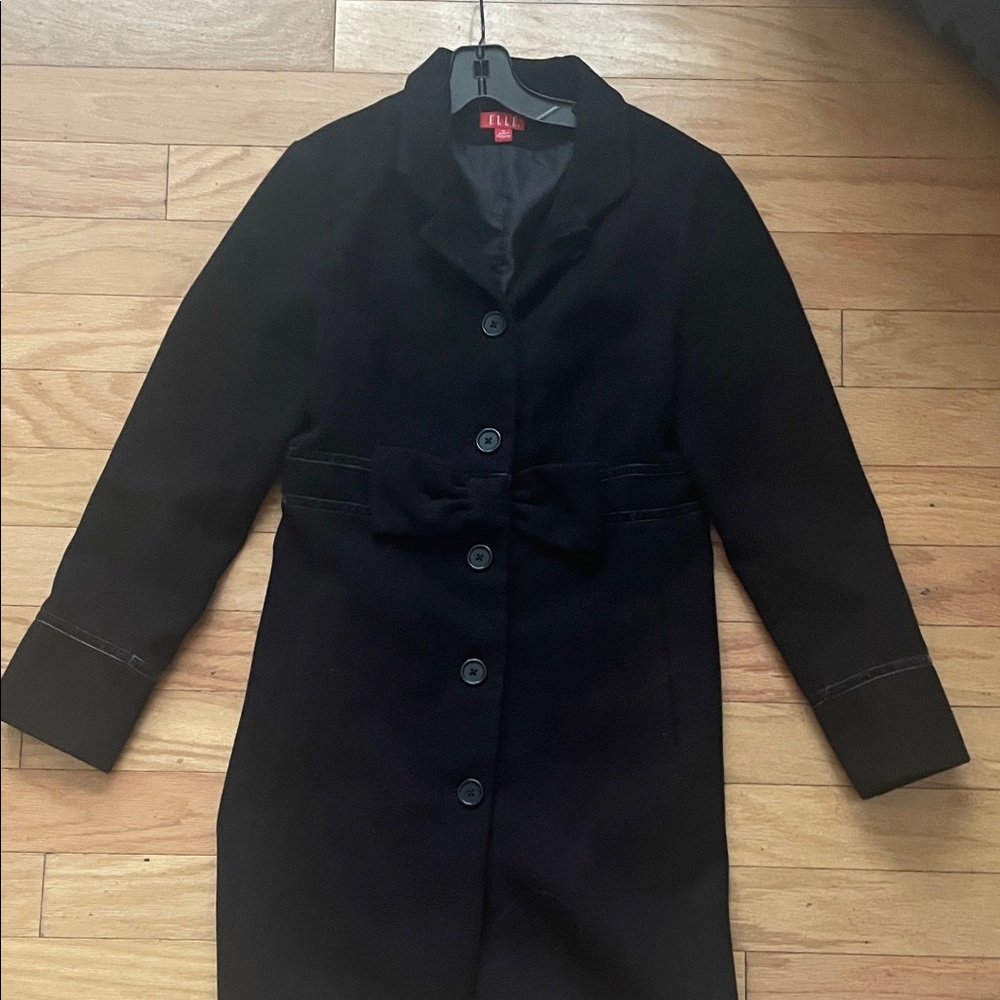 Elle Black Pea Coat with Bow Accent